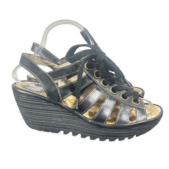 FLY London Wedge Sandals Sz 38 US 7 1/2-8 Lace-Up Gladiator Black Leather Yito - Picture 1 of 11
